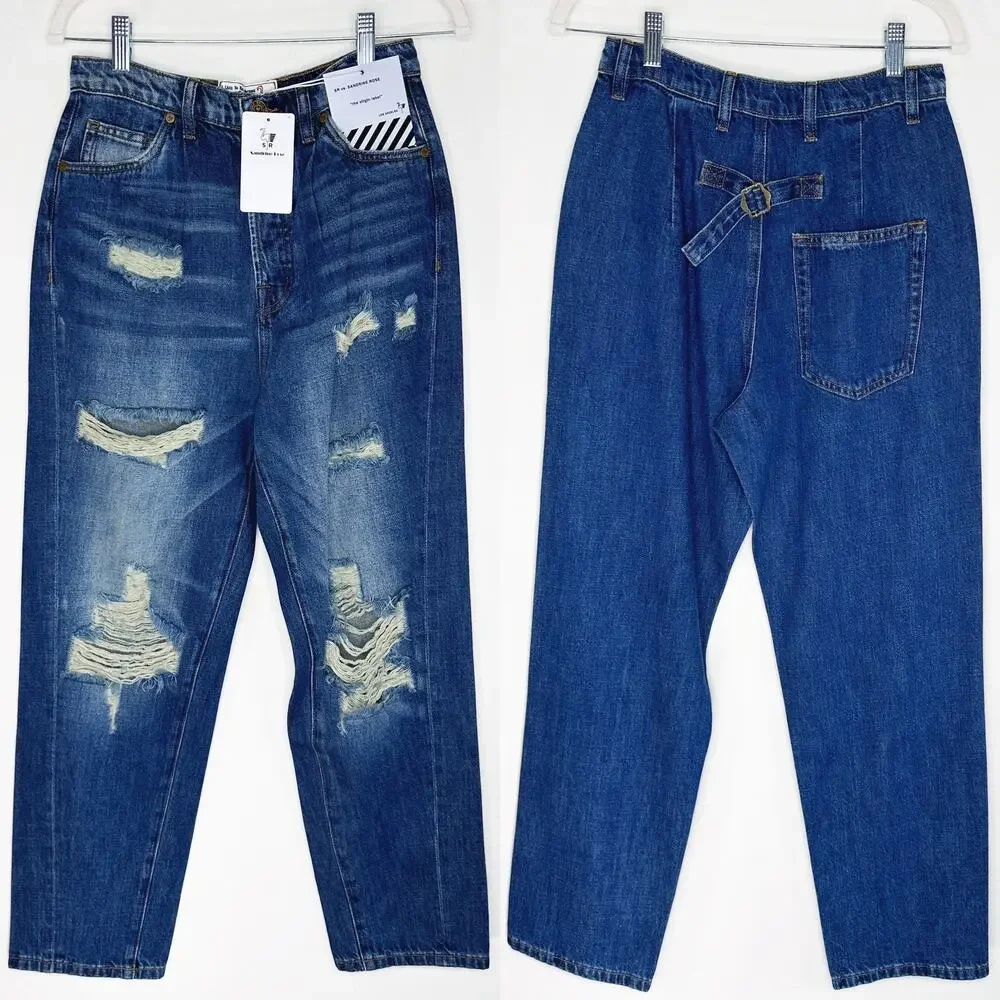 Free People Sandrine Rose R1016 Pleated Ripped Dark Wash Straight Leg Jeans 26 - Picture 1 of 16